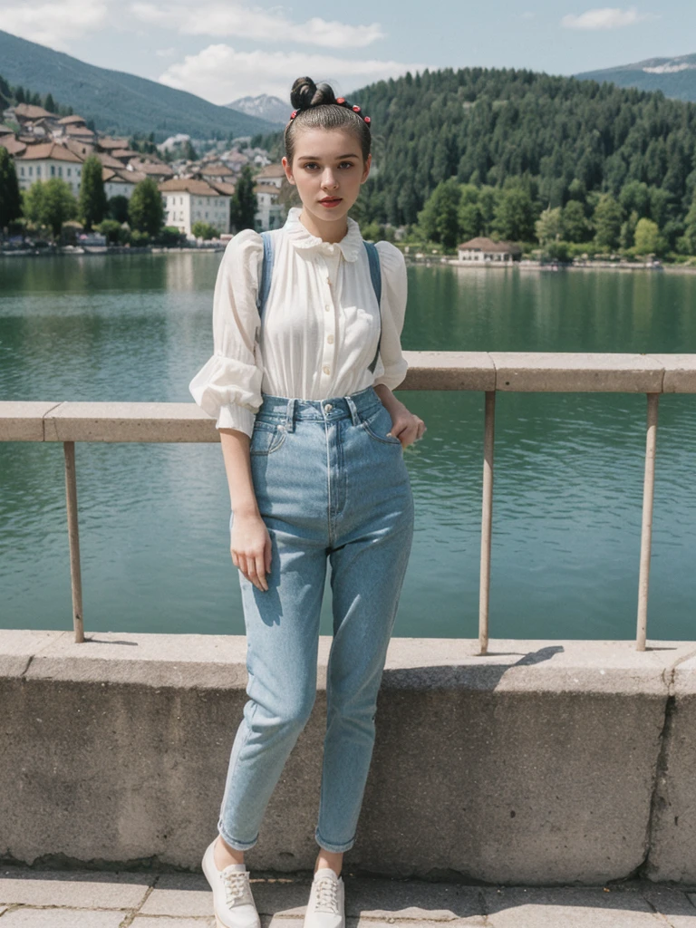 her name is Amelie, high quality, 1girl, ((25-year-old fit Caucasian woman)), ((25 years old)), ((BODY TYPE: HOURGLASS)), ((Space Buns HAIR)), pose: STANDING, wearing IN DEMAND FANCY Generation-Z modern wear VARIETY colored, BACKGROUND: "Strolling through the idyllic lakeside village with its picturesque alpine backdrop and charming historic houses."