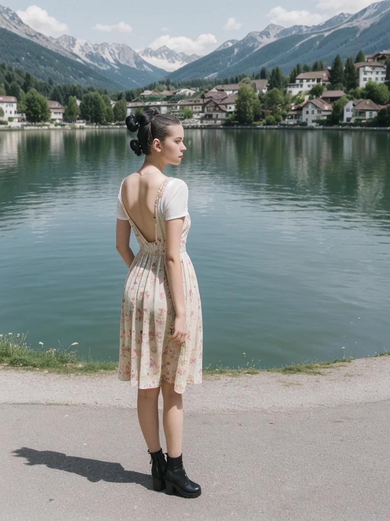 her name is Amelie, high quality, 1girl, ((25-year-old fit Caucasian woman)), ((25 years old)), ((BODY TYPE: HOURGLASS)), ((Space Buns HAIR)), pose: STANDING, wearing IN DEMAND FANCY Generation-Z modern wear VARIETY colored, BACKGROUND: "Strolling through the idyllic lakeside village with its picturesque alpine backdrop and charming historic houses."