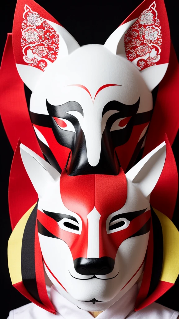 Create an image of a traditional Japanese Kitsune mask, featuring a white base with red and black accents. The mask should have sharp eyes with yellow and green detailing, and purple straps on the sides. The overall style should be detailed and vibrant, capturing the essence of traditional Japanese culture.
