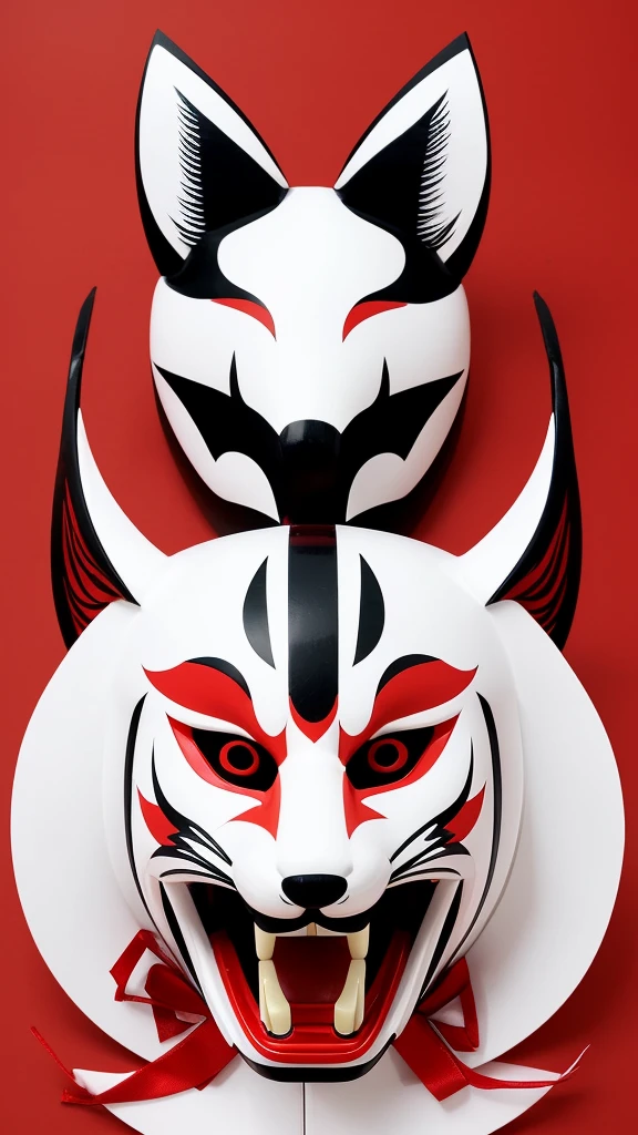 Create an image of a traditional Japanese Kitsune mask, featuring a white base with red and black accents. The mask should have sharp eyes with yellow and green detailing, and purple straps on the sides. The overall style should be detailed and vibrant, capturing the essence of traditional Japanese culture.