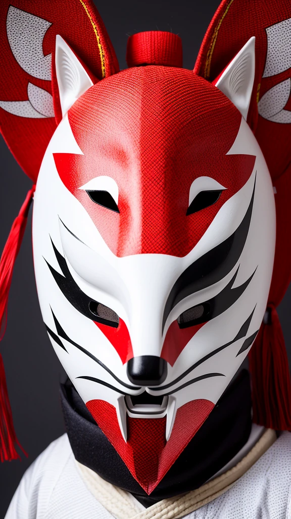 Create an image of a traditional Japanese Kitsune mask, featuring a white base with red and black accents. The mask should have sharp eyes with yellow and green detailing, and purple straps on the sides. The overall style should be detailed and vibrant, capturing the essence of traditional Japanese culture.