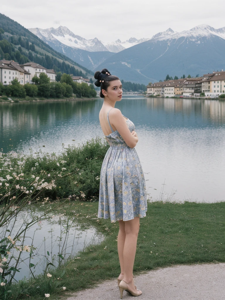 her name is Amelie, high quality, 1girl, ((25-year-old fit Caucasian woman)), ((25 years old)), ((BODY TYPE: HOURGLASS)), ((Space Buns HAIR)), pose: STANDING, wearing IN DEMAND FANCY Generation-Z modern wear VARIETY colored, BACKGROUND: "Strolling through the idyllic lakeside village with its picturesque alpine backdrop and charming historic houses."