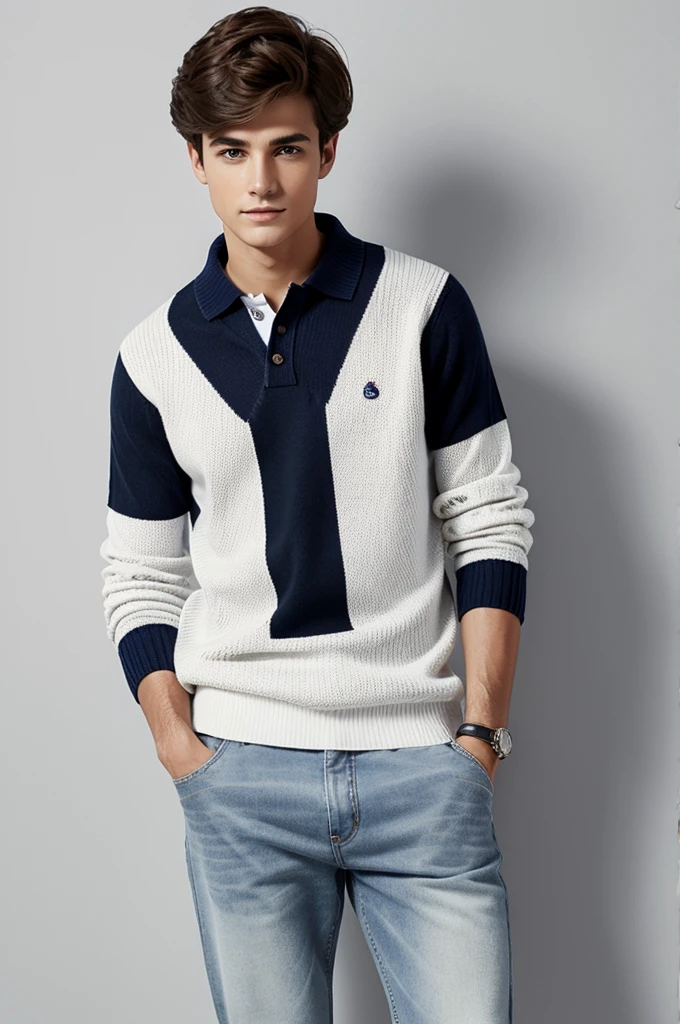 Boy with navy blue sweater , white polo and jeans
