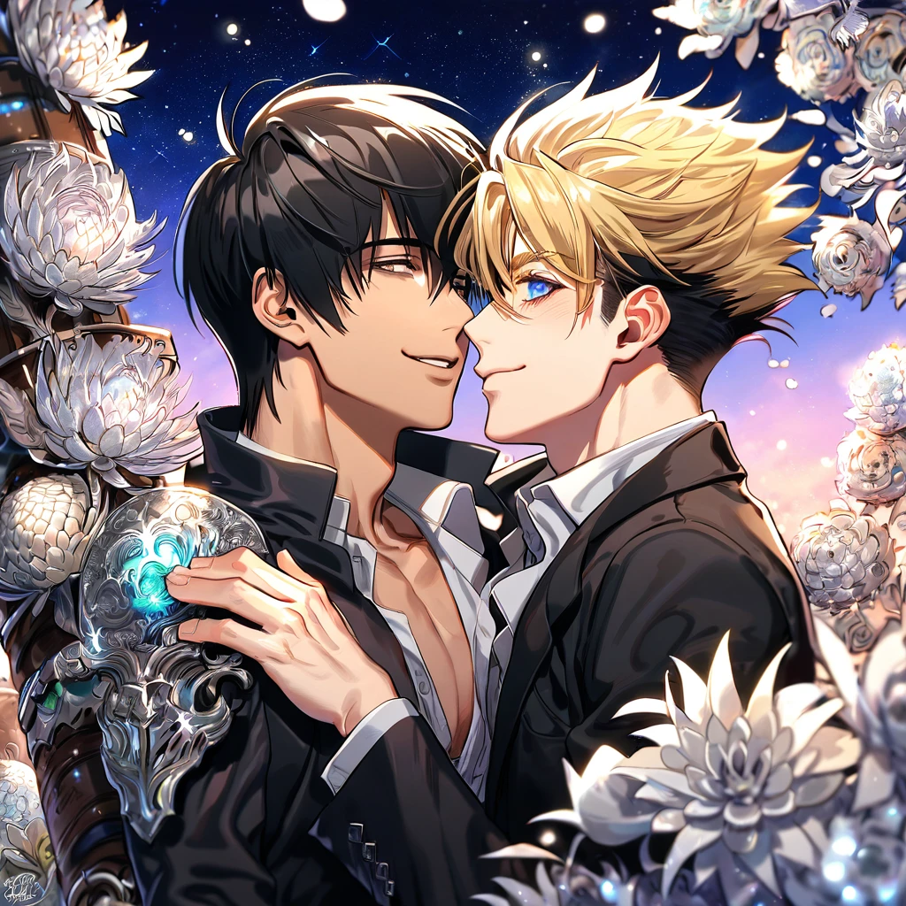 absurdres, highres, ultra detailed, HDR, master piece, best quality, extremely detailed, Nicholas D Wolfwood, black hair, expressive gray eyes, Trigun, Vash Stampede, blonde hair, expressive blue eyes, two sexy men together, yaoi, gay couple, handsome, smile, black jacket, black coat, fantasy, sparkling, silver glittering fireflies, silver moon, silver blossoms, silver chrysanthemums, silver sparkling lights, starry sky, magical