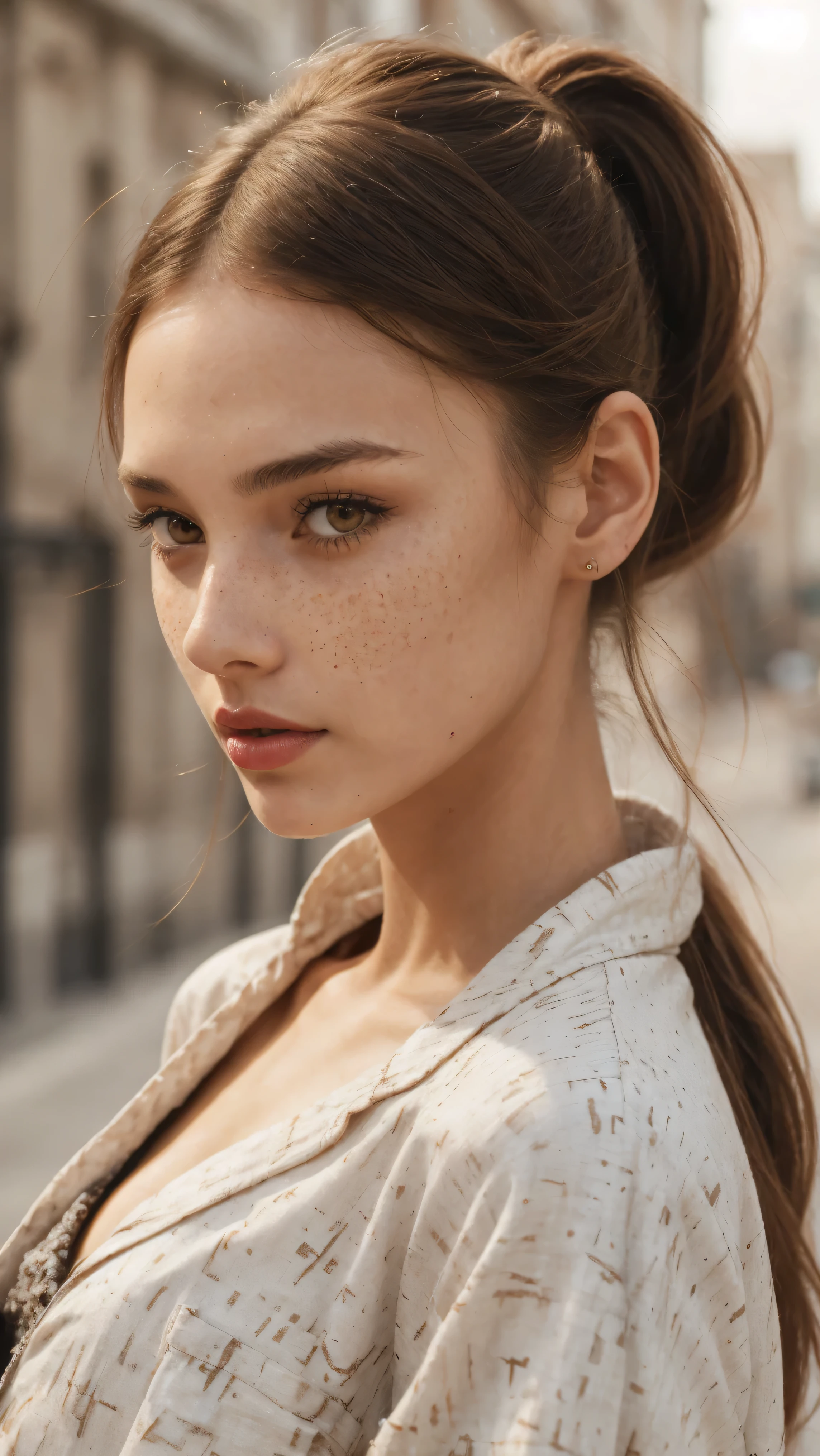 Beautiful skinny girl, elongated face and thin chin, freckles, brown ponytail hair, brown eyes, red lipstick, beautiful makeup, white skin, with patterned top , shorts, a beautiful jean coat , sexy style
