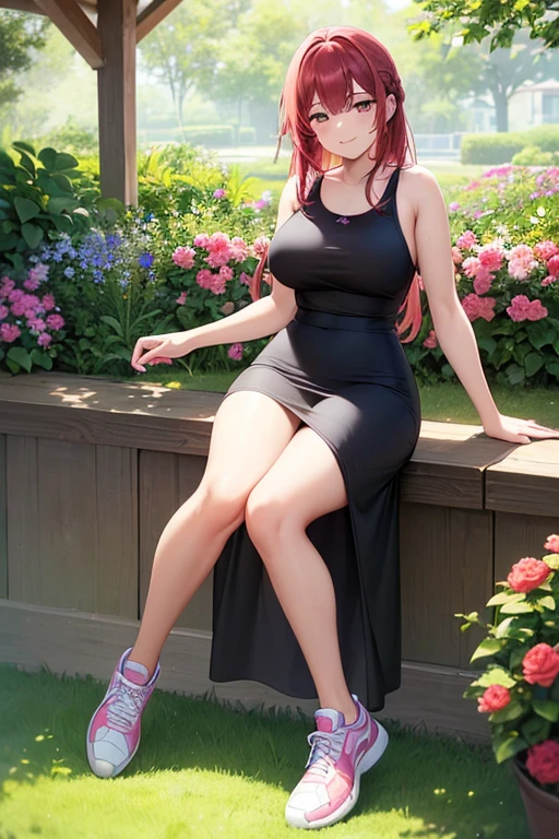 ((masterpiece, best quality, ultra-detailed)), 1girl, beautiful woman, summer garden, smiling, wearing pink tank top and black maxi pencil skirt, sneakers, full body, red hair