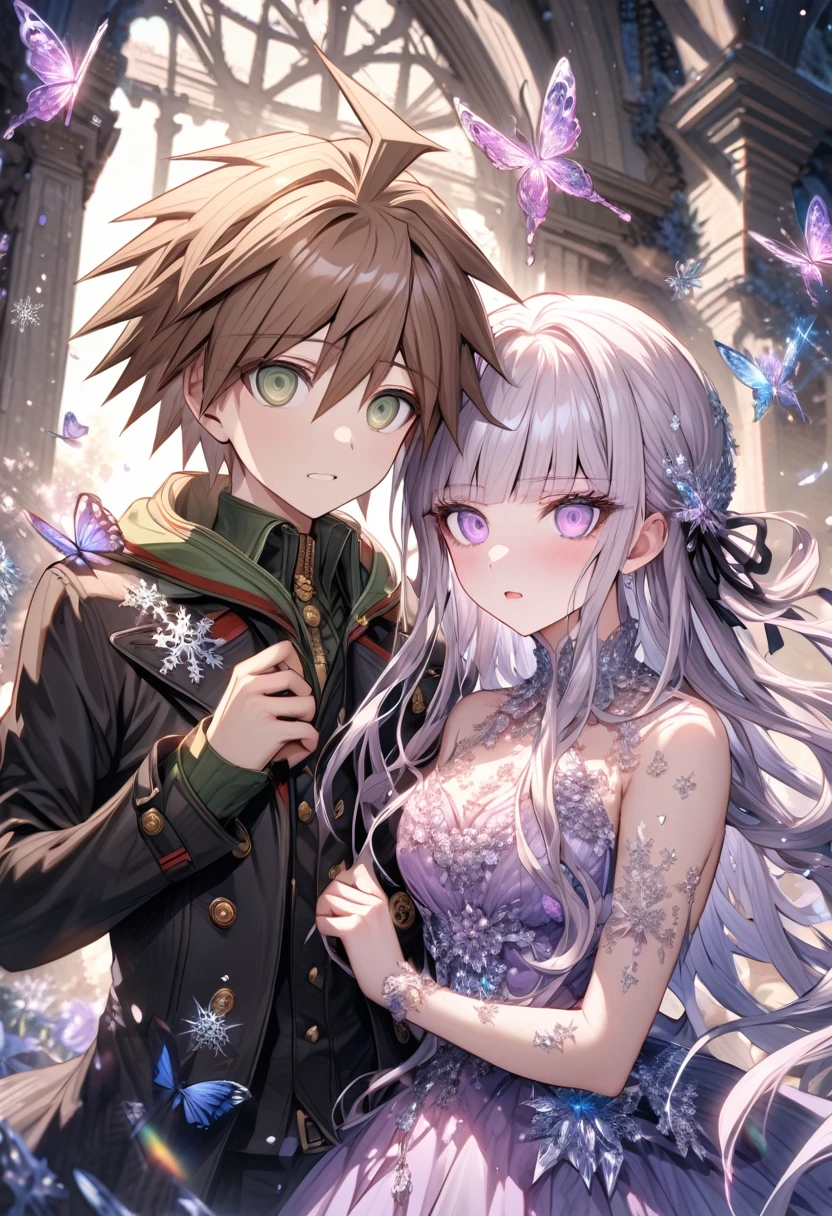 Ultra detailed, HDR, Highres, absurdres, master piece, Naegi Makoto, brown hair, expressive teal eyes, Kirigiri Kyouko, light lavender hair, expressive purple eyes, black clothes, Danganronpa, ice glittering butterflies, ice, petals, ice pink glass flowers, glittering, fantasy, magical, snowflakes, cold, a handsome man together with a beautiful woman, couple, love