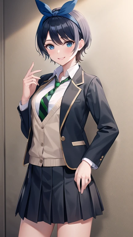 masterpiece, best quality, highres, 1girl, solo, skirt, jacket, shirt, blue eyes, white shirt, necktie, green necktie, black hair, pleated skirt, socks, diagonal-striped necktie, open jacket, open clothes, striped necktie, collared shirt, black jacket, black skirt, striped, blazer, short hair, long sleeves, bangs, , black socks, diagonal stripes, hairband, hair ribbon, ribbon, blue hairband, dress shirt, bow,  cowboy shot, smile,
