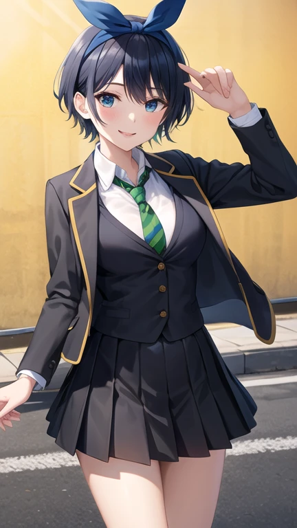 masterpiece, best quality, highres, 1girl, solo, skirt, jacket, shirt, blue eyes, white shirt, necktie, green necktie, black hair, pleated skirt, socks, diagonal-striped necktie, open jacket, open clothes, striped necktie, collared shirt, black jacket, black skirt, striped, blazer, short hair, long sleeves, bangs, , black socks, diagonal stripes, hairband, hair ribbon, ribbon, blue hairband, dress shirt, bow, cowboy shot, smile,