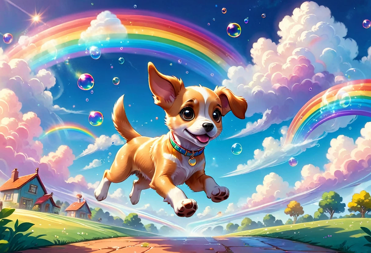 Fantasy illustrations,Cartoon animation,Puppy running in the clouds:1.37,big ear,jump,Star,Colorful Clouds,rainbow,Bubbles,Beautiful and dreamy