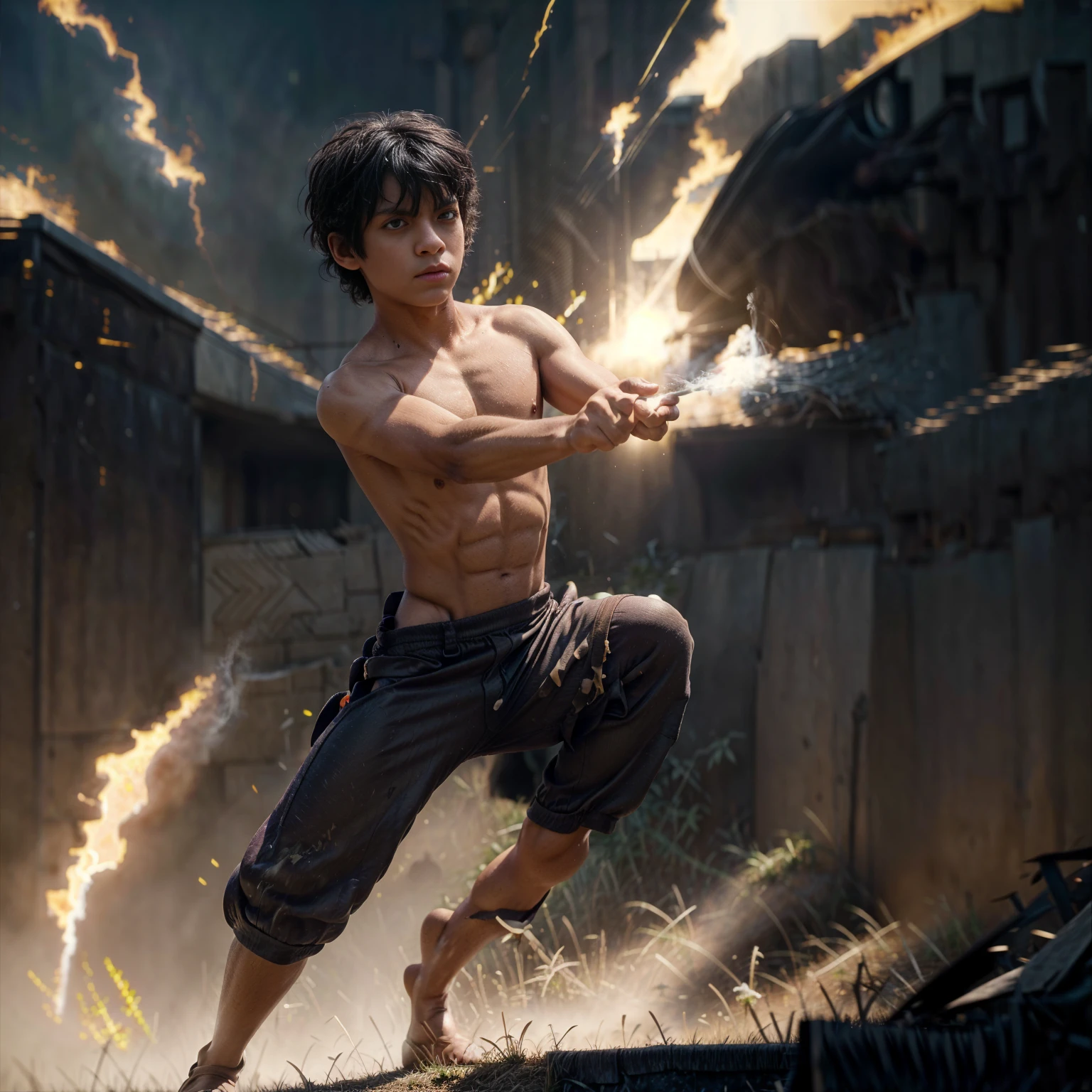 1kid boy, muscle, Full body version, 1character, purple eyes, short haircut, angry eyes, black color hair, topless, boots, Grassroots, full background in field town, motion blur, lighting, (one piece art), battle gesture, bandage, smoke effect, fire burning in hand, 