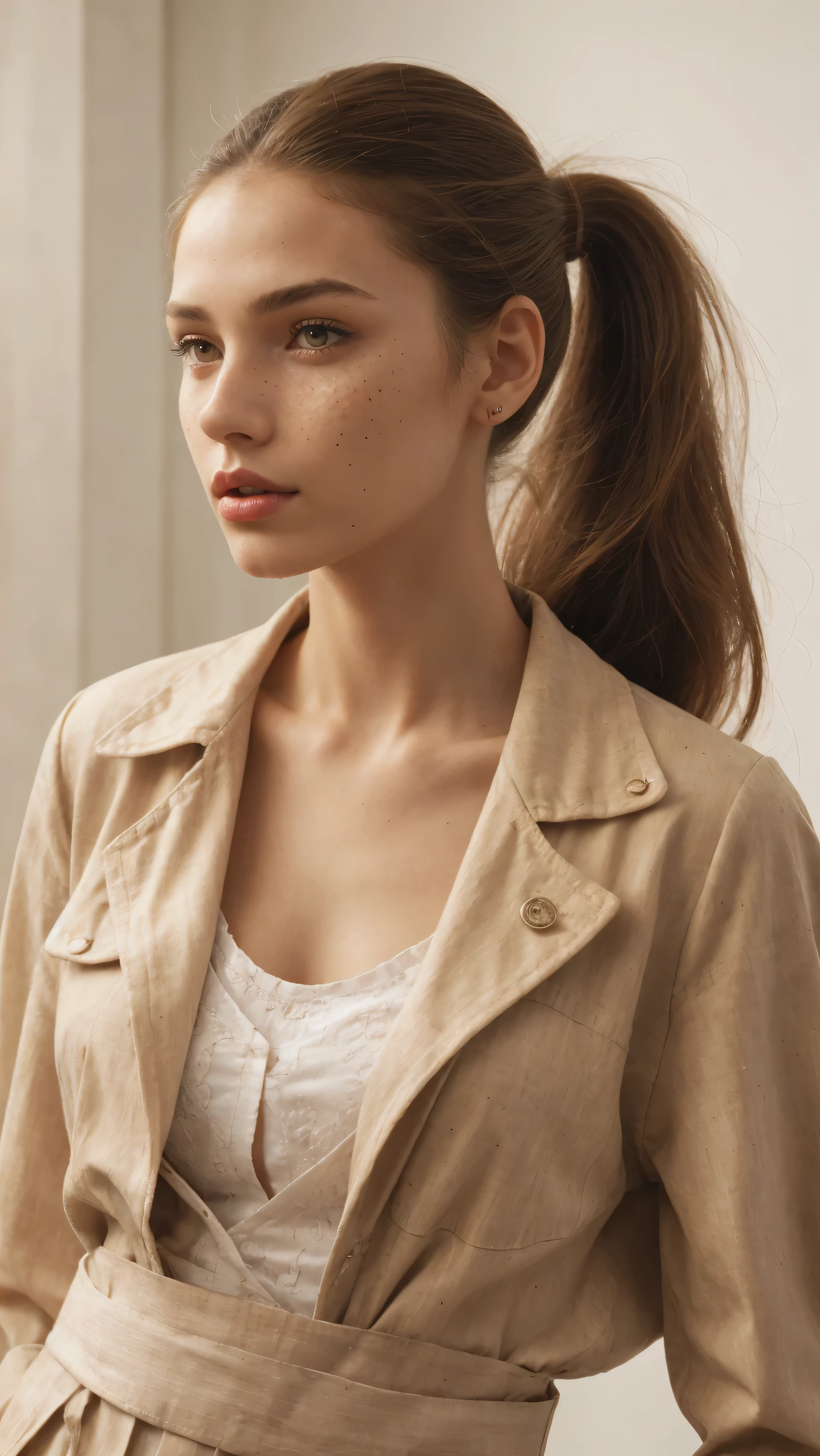 Beautiful skinny girl, elongated face and thin chin, freckles, brown ponytail hair, brown eyes, red lipstick, beautiful makeup, white skin, with patterned top , shorts, a beautiful jean coat , sexy style