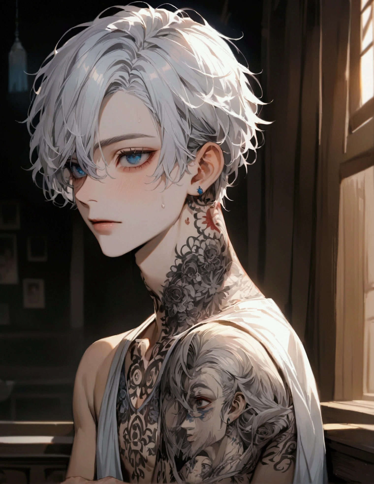 A boy with white hair, the child&#39;s right eye is blue and the right eye is red, the boy has a tattoo on his neck, the boy wears male  