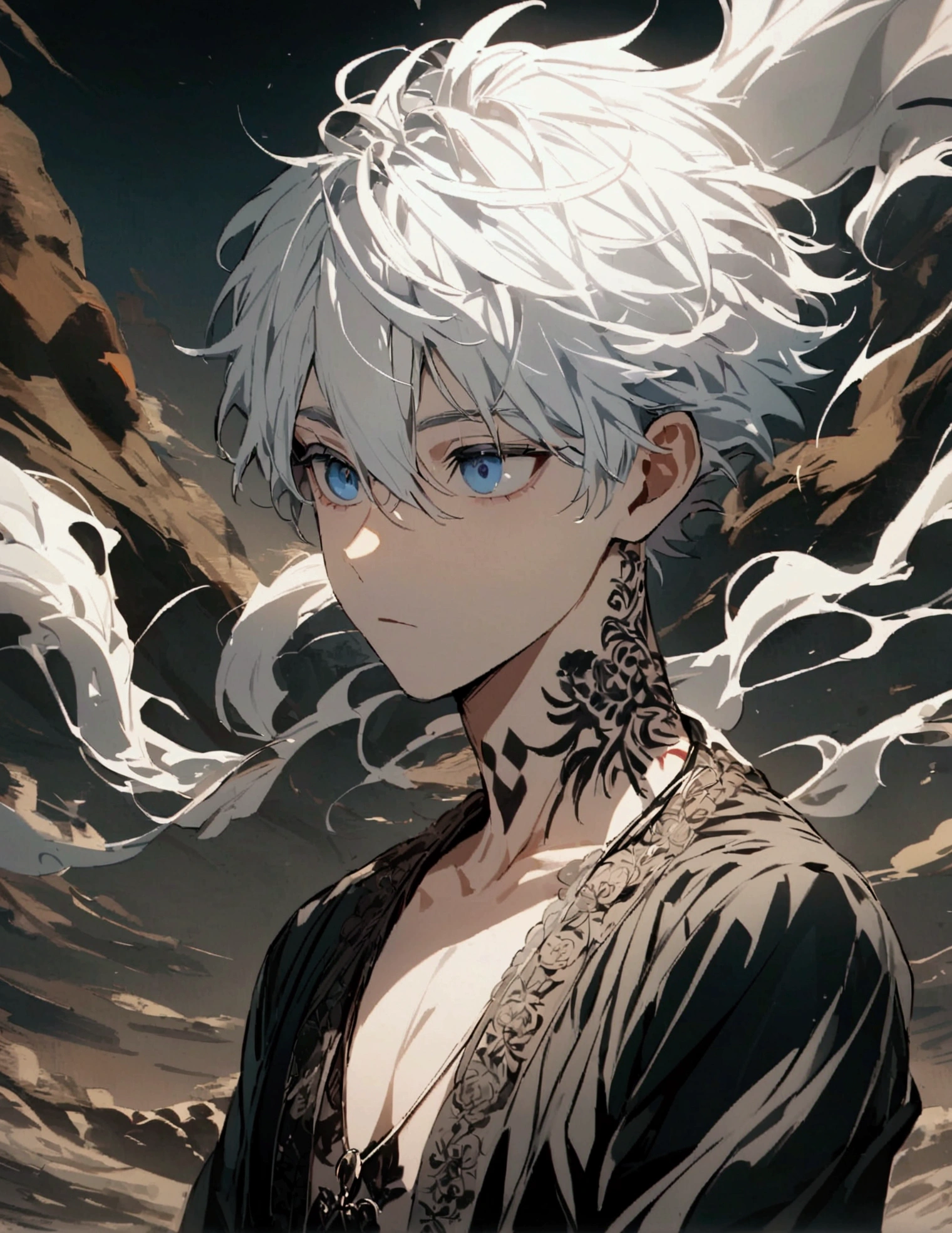 A boy with white hair, the child's right eye is blue and the right eye is red, the boy has a tattoo on his neck, the boy wears male