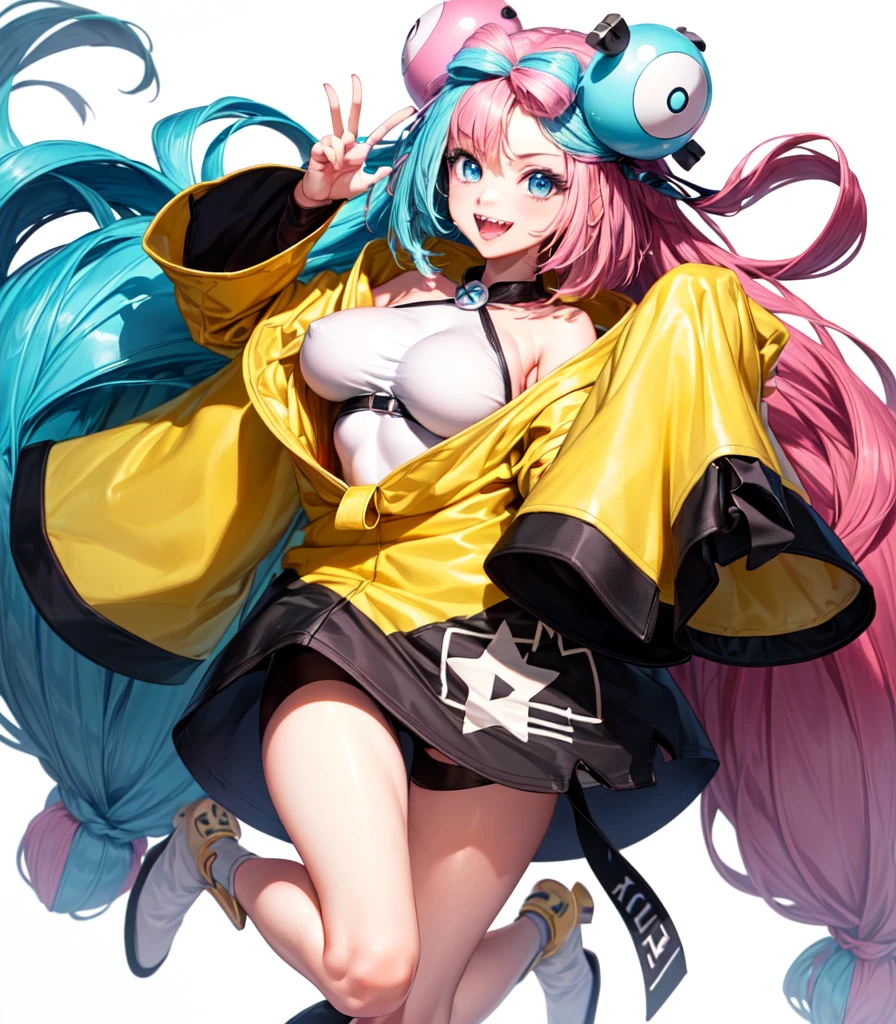 (Highest quality, masterpiece, Very detailedな, Very detailed, Exquisite, 16K,Full HD),(White Background:1.5),、,Pink hair and blue eyes、Yellow Jacket、Please raise your right hand、Lower your left hand、Stand only on your right foot、Raise your left leg。smile、Nanjamo,No text