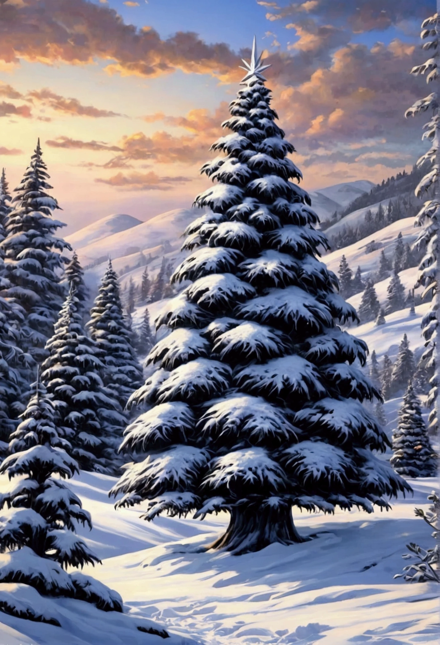 Black Christmas tree, detailed Christmas tree, pine tree, snowy pine tree, fantasy winter landscape, snow covered trees,