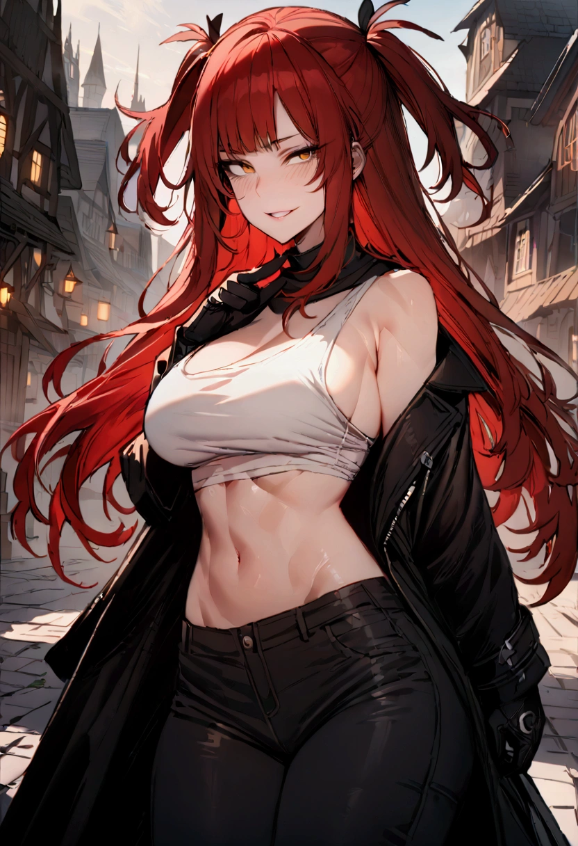 masterpiece, best quality 1girl, solo, beautiful woman, messy bangs, red hair, long hair, hair two side up by black bows , yellow eyes, grin, large breasts, toned stomach, white tank top, black coat, figureless black gloves, black pants, fantasy, looking at viewer, Fantasy town background