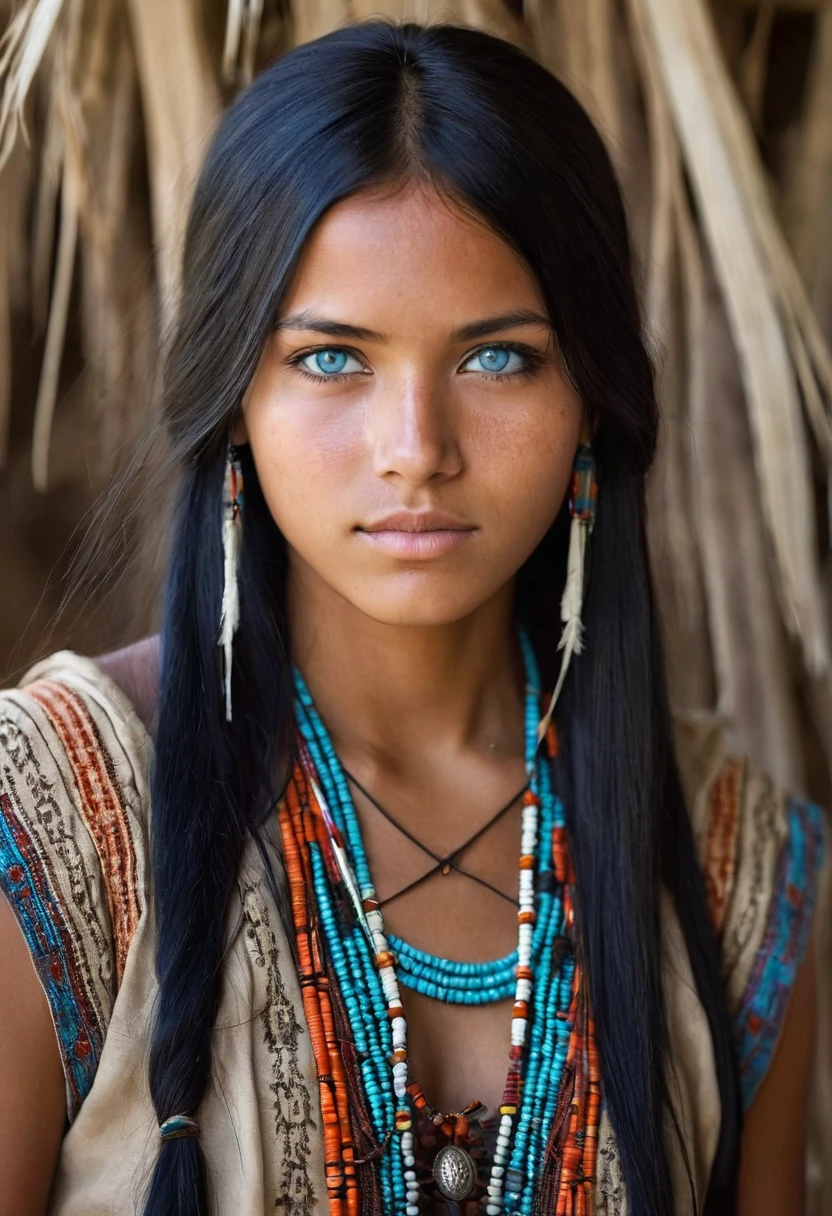 I want you to create a delicate and beautiful character.  She is a 24-year-old young woman with characteristics typical of the Apache people.   Her long, straight black hair frames a face with the tanned skin common among her people.   Her light blue eyes contrast with her skin color, creating a piercing and expressive look.   She wears traditional clothing from her tribe, made from animal skin, and her face is covered in dirt.