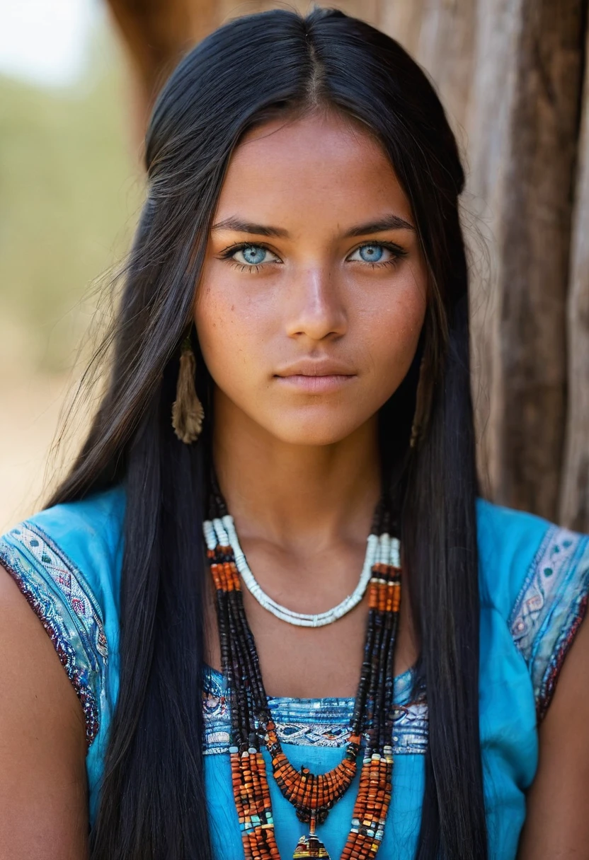 I want you to create a delicate and beautiful character.  She is a 24-year-old young woman with characteristics typical of the Apache people.   Her long, straight black hair frames a face with the tanned skin common among her people.   Her light blue eyes contrast with her skin color, creating a piercing and expressive look.   She wears traditional clothing from her tribe, made from animal skin, and her face is covered in dirt.