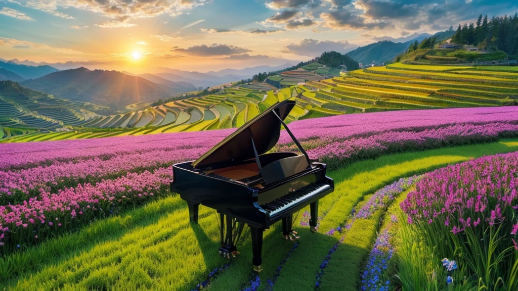 A grand piano in a flower field、The blue sky spreads across the sky、Rice terraces viewed from the summit、Sunrise over the horizon、oil