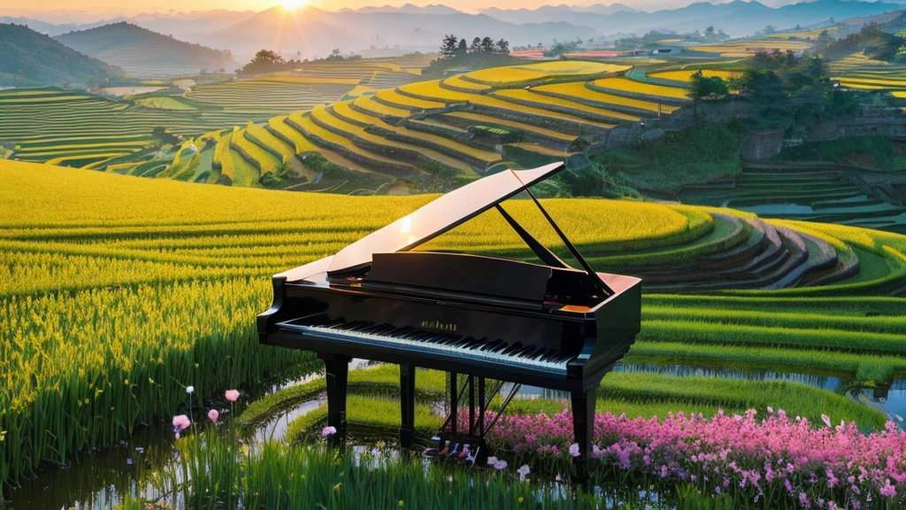 A grand piano in a flower field、The blue sky spreads across the sky、Rice terraces viewed from the summit、Sunrise over the horizon、oil