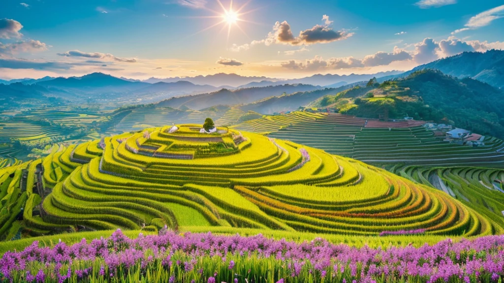 A grand piano in a flower field、The blue sky spreads across the sky、Rice terraces viewed from the summit、Sunrise over the horizon、oil