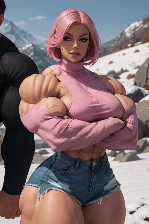 (Close view), tall, shocking pink haired woman, angled bob cut, light brown skinned, closed smile, (black lipstick), ((massive muscles)), (hyper muscle), (ginormous bulky muscles), red eyes, ((long sleeve pink turtleneck sweater and denim shorts)), sneakers, choker, sneakers, crossed arms in snowy hills,