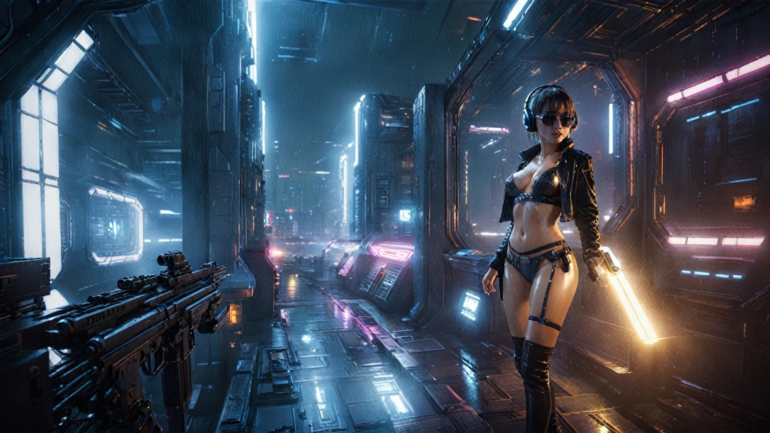 (((aerial view))), Blade Runner style futuristic space station platform, neon lights, rainy night. (1girl, solo, alone), large-breast:1.2 slim body, cleavage:1.1, sexy laced lingerie with wet jacket, headphone, (black sunglasses), (((she raised a pistol:1.8 and shot:1.8 the viewer))), dynamic pose, (((half-body thigh level medium shot))), cinematic lighting, lens flare, ray tracing, blurred:1.4 background.