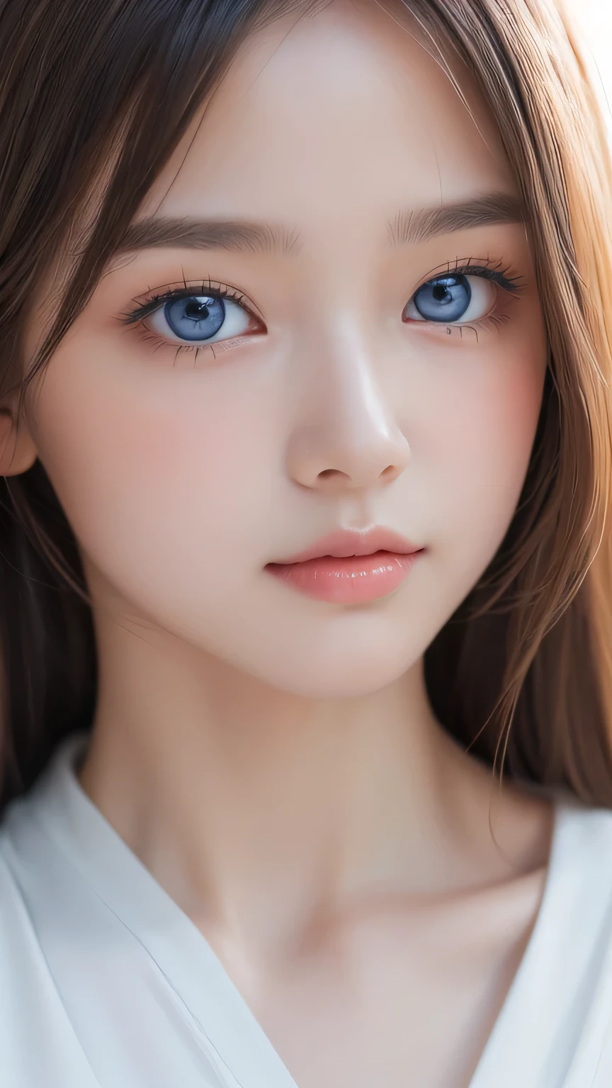 (Close-up:1.4)、(RAW shooting:1.2)、(Photorealistic:1.4)、(masterpiece:1.3)、(Highest quality:1.4)、Bright expression、Very cute girl、An exceptionally beautiful girl、Cute and beautiful face details、Beautiful Bangs、Radiant, fair, glowing skin、Facial hair、Bangs that reach the face、Bangs between the eyes、Super long hair、Super long, straight, silky hair with a striking platinum blonde hue、Thin Hair、Attractive shining beautiful bright clear light blue big eyes、one piece、eyeliner、double eyelid、Ample Bust、Upper Body、