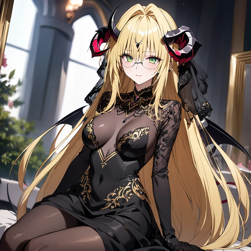 ((Highest quality)), ((masterpiece)), (detailed), （Perfect Face）、（An evil, jet-black demon with jet-black skin.）、The woman was a beautiful, jet-black archdemon with jet-black skin, the evil queen of the demon world, Devil Queen Tiare, with green eyes, blonde medium-long hair, a gorgeous black wedding dress with gold embroidery and trim, a black wedding veil, an engagement ring, and luxurious accessories, and was a beautiful, elegant archdemon, the Demon Queen, lavishly decorated and jeweled.、A beautiful, jet-black-skinned demon with magnificent devil horns, devil wings, and a devil tail.