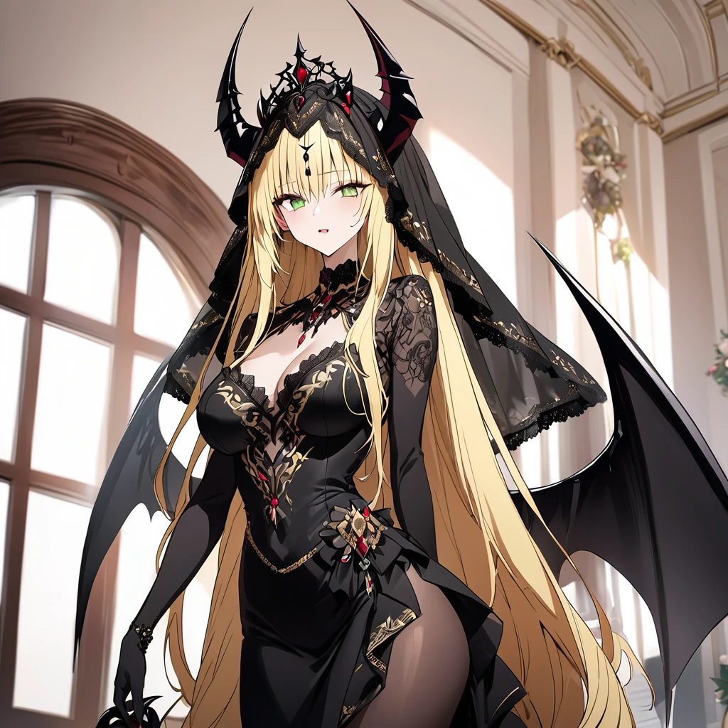 ((Highest quality)), ((masterpiece)), (detailed), （Perfect Face）、（An evil, jet-black demon with jet-black skin.）、The woman was a beautiful, jet-black archdemon with jet-black skin, the evil queen of the demon world, Devil Queen Tiare, with green eyes, blonde medium-long hair, a gorgeous black wedding dress with gold embroidery and trim, a black wedding veil, an engagement ring, and luxurious accessories, and was a beautiful, elegant archdemon, the Demon Queen, lavishly decorated and jeweled.、A beautiful, jet-black-skinned demon with magnificent devil horns, devil wings, and a devil tail.