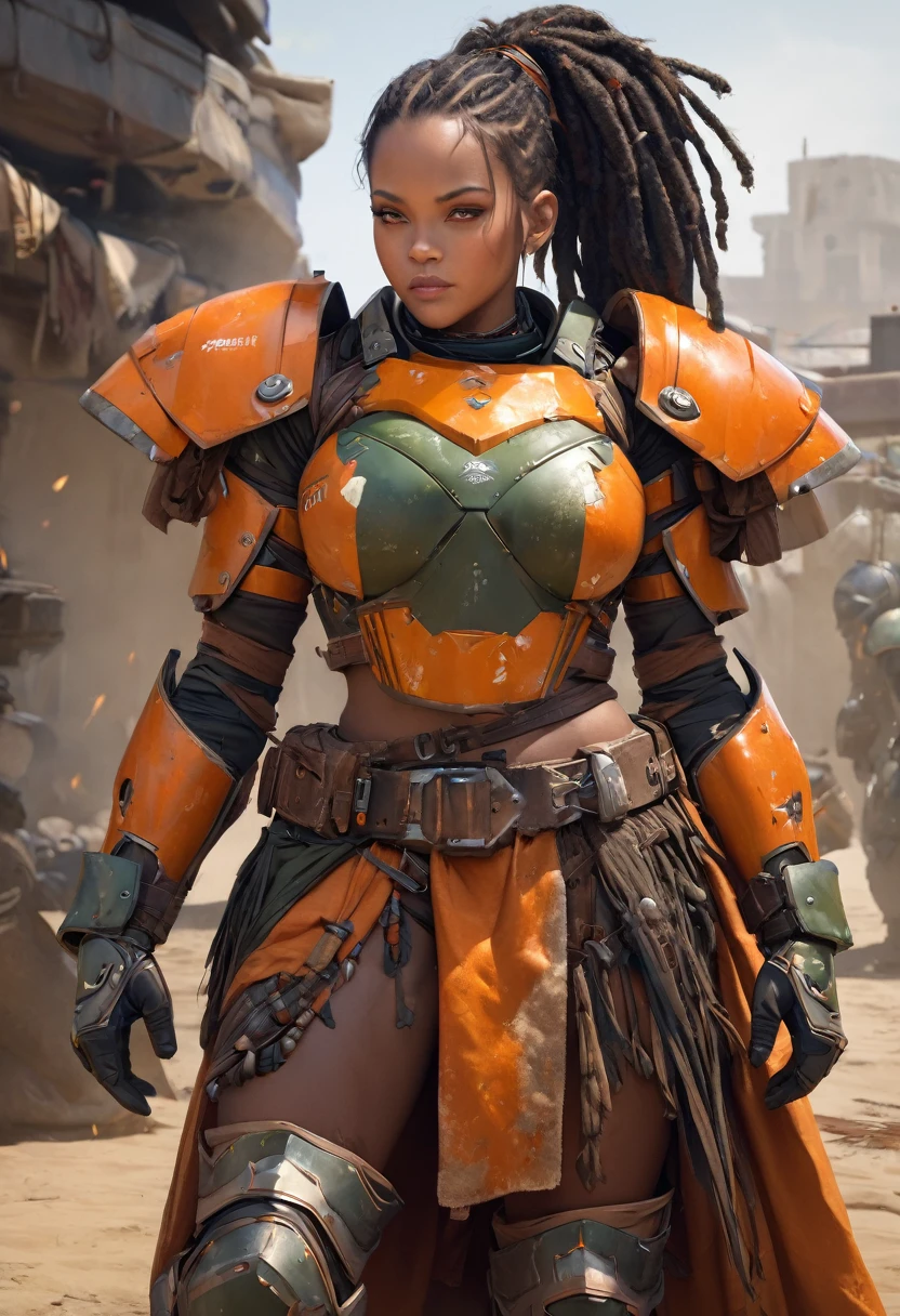 full body image, (best quality,4k,8k,highres,masterpiece:1.2), ultra-detailed, (realistic,photorealistic,photo-realistic:1.37),(Numerous award-winning masterpieces, incredibly detailed and textured, maximal resolution and clarity), (Hyper-realistic:1.4), (Realistic:1.3), 
imagine a high tech barbarian combining futuristic heavy orange power armor with primitive barbaric furs and loin cloth, her outer armor is a bold orange while her inner layers are a dark green. under the armor a layer covers her upper body and arms. The power armor has chipped paint and scratches from many battles, it has rivets and a very heavy looking chest plate, there are gauges and hoses on the chest plate. (visible wires connect the shoulder pads to the armored gloves:1.2), which has black fur trim. her lower body is unarmored, consisting of a pelvic curtain over her bare hips, bare thighs, fur belt. Her boots are thick leather covered in dust with black fur trim. She is a muscular black woman with her short hair pulled back in dreadlocks.
