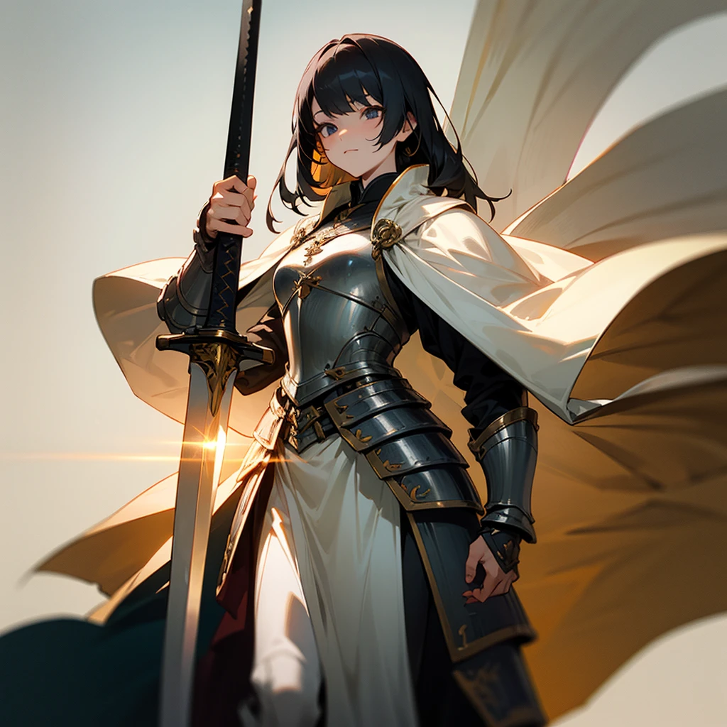 high resolution、女Warrior、Warrior、Holding a sword、Wearing armor、Standing bravely。白いWarrior。White Cape。