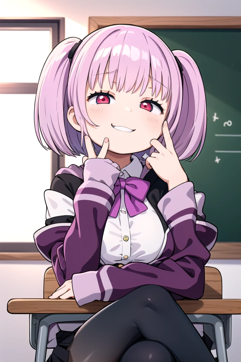 1girl, grin, :3, twintails, upper body, hand to own mouth, looking at viewer, half-closed eyes, hoodie, pink hair, blue eyes,Masterpiece, Best quality, A high resolution, Akane Shinjo, 1girll, Solo, Pantyhose, shirt, bow, Skirt, purple jacket, Jacket, White shirt, Long sleeves, Short hair, Black skirt, Collared shirt, Black pantyhose, Open clothes, neck bowtie, Purple bow, Breasts, bangs, Red eyes, Pleated skirt, cropped shoulders, Open jacket, sleeves past wrists, Light purple hair, Purple bow tie, Miniskirt, Cowboy shot, Classroom,((crossed legs)), boots,