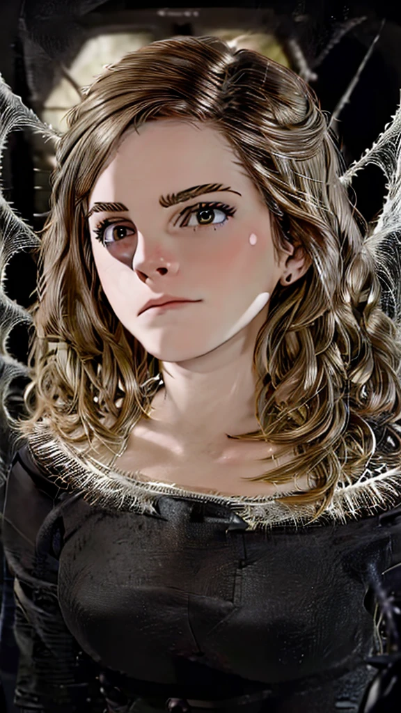 best quality, highres, ultra-detailed, realistic:1.37, (Emma Watson) dark, eerie, horror, trapped, struggling, helpless, tangled, creepy lighting, dramatic shadows, spider, intricate web, silk threads, delicate, transparent cocoon, fear, desperation, suspense, claustrophobic atmosphere, spooky ambiance, suspenseful, arachnid, tense, entangled, eerie silence, haunting, chilling, uncomfortable, disturbing, nightmarish, female, frightened expression, visible fear in her eyes, tangled hair, torn clothing, pale skin, desperate attempt to break free, struggling posture, eerie background, dimly lit environment, surreal, creepy crawlies, suspenseful narrative, mystery, a sense of impending danger, sinister, daunting, hauntingly beautiful.