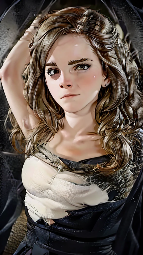best quality, highres, ultra-detailed, realistic:1.37, (Emma Watson) dark, eerie, horror, trapped, struggling, helpless, tangled, creepy lighting, dramatic shadows, spider, intricate web, silk threads, delicate, transparent cocoon, fear, desperation, suspense, claustrophobic atmosphere, spooky ambiance, suspenseful, arachnid, tense, entangled, eerie silence, haunting, chilling, uncomfortable, disturbing, nightmarish, female, frightened expression, visible fear in her eyes, tangled hair, torn clothing, pale skin, desperate attempt to break free, struggling posture, eerie background, dimly lit environment, surreal, creepy crawlies, suspenseful narrative, mystery, a sense of impending danger, sinister, daunting, hauntingly beautiful.