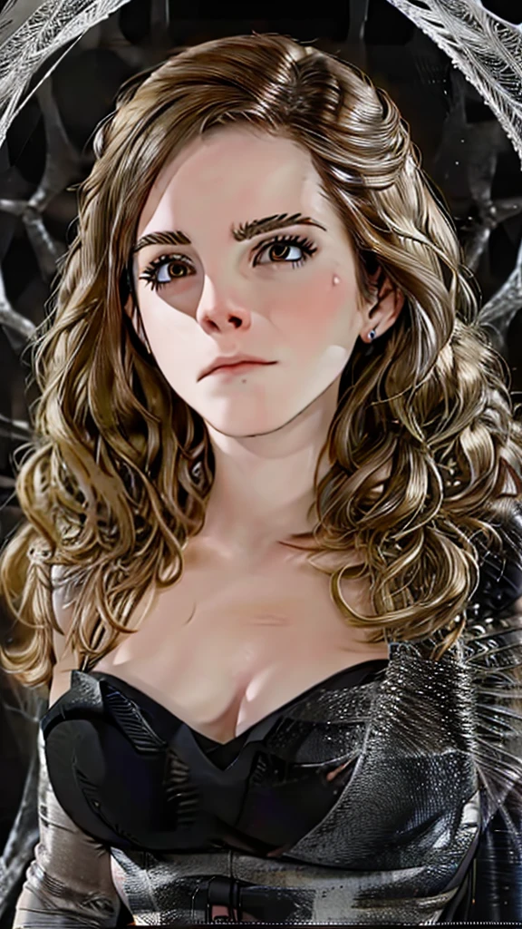 best quality, highres, ultra-detailed, realistic:1.37, (Emma Watson) dark, eerie, horror, trapped, struggling, helpless, tangled, creepy lighting, dramatic shadows, spider, intricate web, silk threads, delicate, transparent cocoon, fear, desperation, suspense, claustrophobic atmosphere, spooky ambiance, suspenseful, arachnid, tense, entangled, eerie silence, haunting, chilling, uncomfortable, disturbing, nightmarish, female, frightened expression, visible fear in her eyes, tangled hair, torn clothing, pale skin, desperate attempt to break free, struggling posture, eerie background, dimly lit environment, surreal, creepy crawlies, suspenseful narrative, mystery, a sense of impending danger, sinister, daunting, hauntingly beautiful.