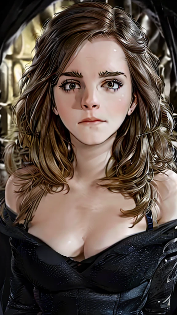 best quality, highres, ultra-detailed, realistic:1.37, (Emma Watson) dark, eerie, horror, trapped, struggling, helpless, tangled, creepy lighting, dramatic shadows, spider, intricate web, silk threads, delicate, transparent cocoon, fear, desperation, suspense, claustrophobic atmosphere, spooky ambiance, suspenseful, arachnid, tense, entangled, eerie silence, haunting, chilling, uncomfortable, disturbing, nightmarish, female, frightened expression, visible fear in her eyes, tangled hair, torn clothing, pale skin, desperate attempt to break free, struggling posture, eerie background, dimly lit environment, surreal, creepy crawlies, suspenseful narrative, mystery, a sense of impending danger, sinister, daunting, hauntingly beautiful.