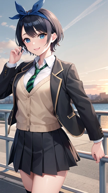 masterpiece, best quality, highres, 1girl, solo, skirt, jacket, shirt, blue eyes, white shirt, necktie, green necktie, black hair, pleated skirt, socks, diagonal-striped necktie, open jacket, open clothes, striped necktie, collared shirt, black jacket, black skirt, striped, blazer, short hair, long sleeves, bangs, , black socks, diagonal stripes, hairband, hair ribbon, ribbon, blue hairband, dress shirt, bow, cowboy shot, smile,
