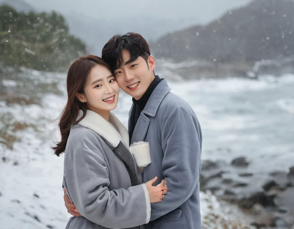 Romantic K-Drama photography style, korean，best quality,8K,high resolution,Very detailed，very clearly，Snowy Days，Jeju Island，（Warm and lively atmosphere）， Delicate texture，Smooth visible velvet，Wear pearl jewelry，scenic nature，The male and female protagonists hugs，
