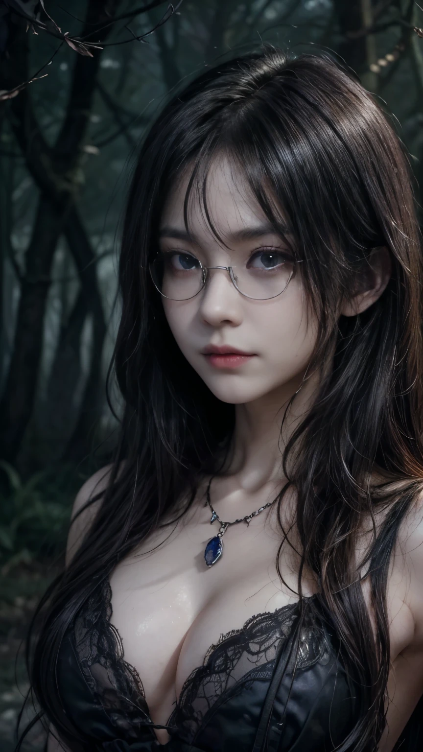 (Highest quality,4K,8k,High resolution,masterpiece:1.2),Very detailed,(Realistic,photoRealistic,photo-Realistic:1.37), Close-up of a woman with dark hair and wearing a black dress, Dark Eyes,an ominous笑顔,((((Glasses))))、((((big sapphire necklace))))、Evil Aura,Burning Flames,Soul Corruption,Dark Shadows,an ominous雰囲気,Strange symbols,Cursed Land,Eternal Darkness,Unforgettable are present,Intimidating person,Grotesque features,Horror Scene,twisted reality,Scary atmosphere,A wonderful work of art,Evil Unleashed,Supernatural horror,Spooky art,nightmare fuel,Terrifyingly clear,Abstract fear,Terrifyingly beautiful,masterpiece,Fear incarnate,Shadow Chaos,are present,to be born々Shii Darkness,in style of Dark Fantasy Art, Dark Fantasy Art, Beautiful and elegant queen of darkness, Dark Fantasy Art, Fantasy Dark Art, Dark fantasy digital art, Gothic fantasy art, Gothic Dark Maiden, Detailed Texture,Spooky creatures,an ominous雰囲気,Mythical,Space horror,darkness,mysterious,Dark aesthetic,Fog Background,Eyes of another world,Ancient Gods々々々々々々々, Powerful wizard, mysteriousStanding in the woods. A loose robe decorated with symbols, Arms stretched out, Powerful,Tentacles,Pitch black blackness,Majestic,Unfathomable depth,nightmare,The are present of the universe,an ominousare present,seeping darknesss,Secrets of the Universe, (Spooky atmosphere), (((Dramatic Shadows), (Dynamic pose), ((Artistically expressed)), ((charm), (Gothic), (mysterious Setting), (Moody color palette), (Skillfully drawn), (sense of unease), (Intricate details), (an ominous smile), (an ominous), (charm eyes), (Horror elements), (charm composition), (Impressive anatomy),(Striking contrast))), (Interesting character designs)、Dark Fantasy Portrait, Portrait of the Dark Goddess,