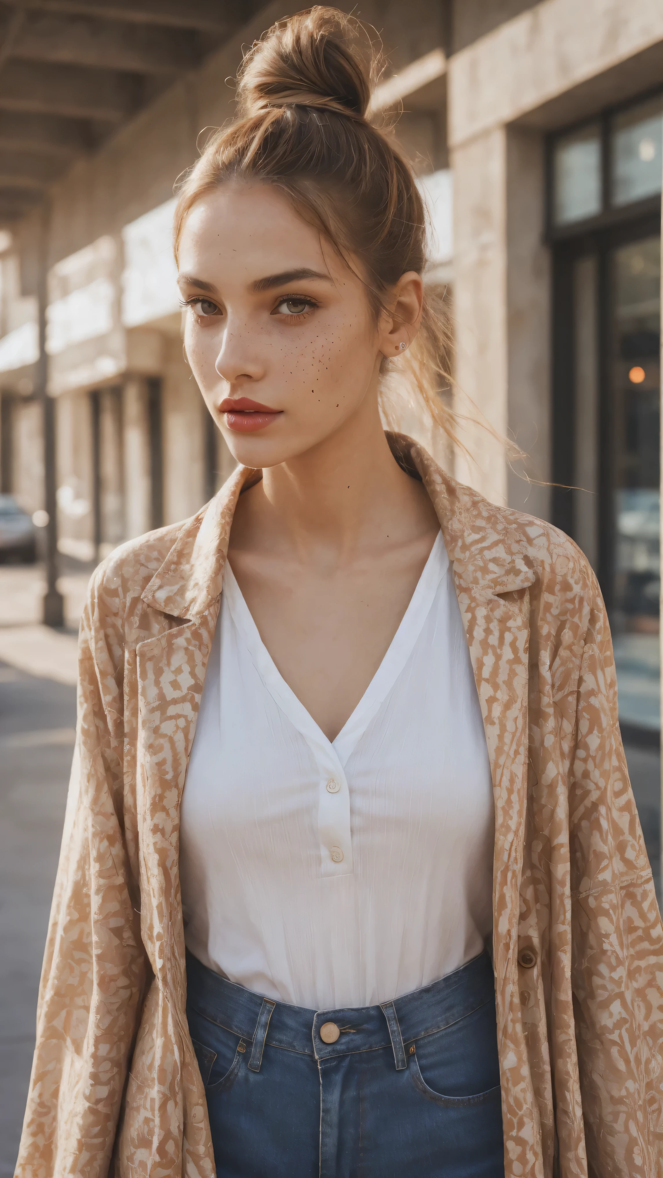 Beautiful skinny girl, elongated face and thin chin, freckles, brown ponytail hair, brown eyes, red lipstick, beautiful makeup, white skin, with patterned top , shorts, a beautiful jean coat , sexy style