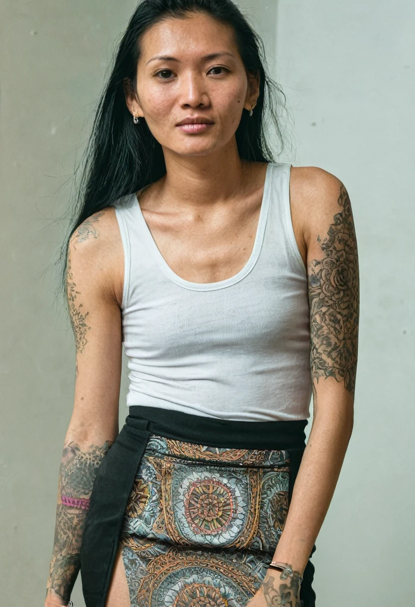 Filipino woman has acute scabies all over her body. White and thin skin. tattooed. wearing a singlet and side slit mini skirt.