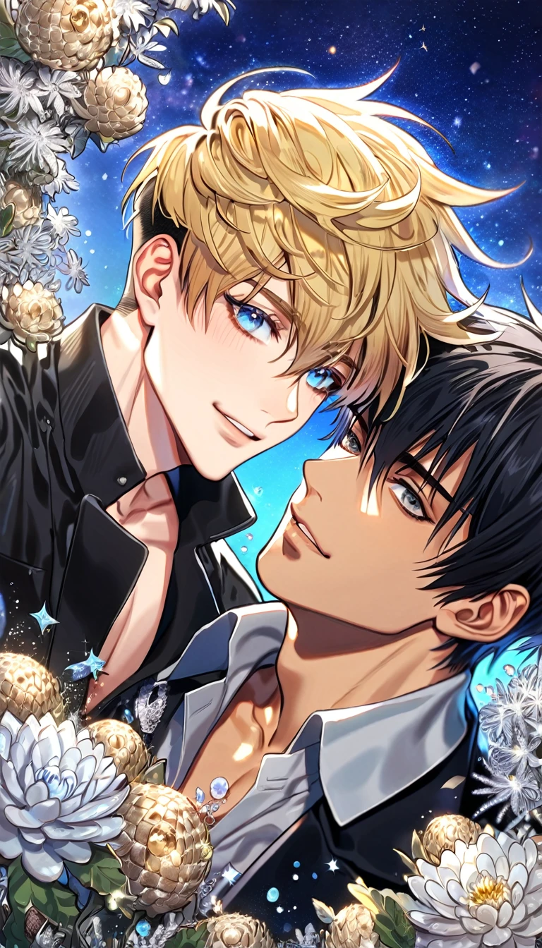 absurdres, highres, ultra detailed, HDR, master piece, best quality, extremely detailed, Nicholas D Wolfwood, black hair, expressive gray eyes, Trigun, Vash Stampede, blonde hair, expressive blue eyes, two sexy men together, yaoi, gay couple, handsome, smile, black jacket, black coat, fantasy, sparkling, silver glittering fireflies, silver moon, silver blossoms, silver chrysanthemums, silver sparkling lights, starry sky, magical