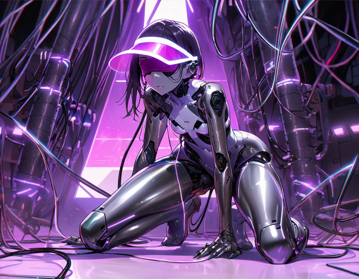 android girl(metallic skin, blindfolded with a purple light visor, cyber joint, estrus, kneeling), blacker light room, many cables, cable insert in ears hole,