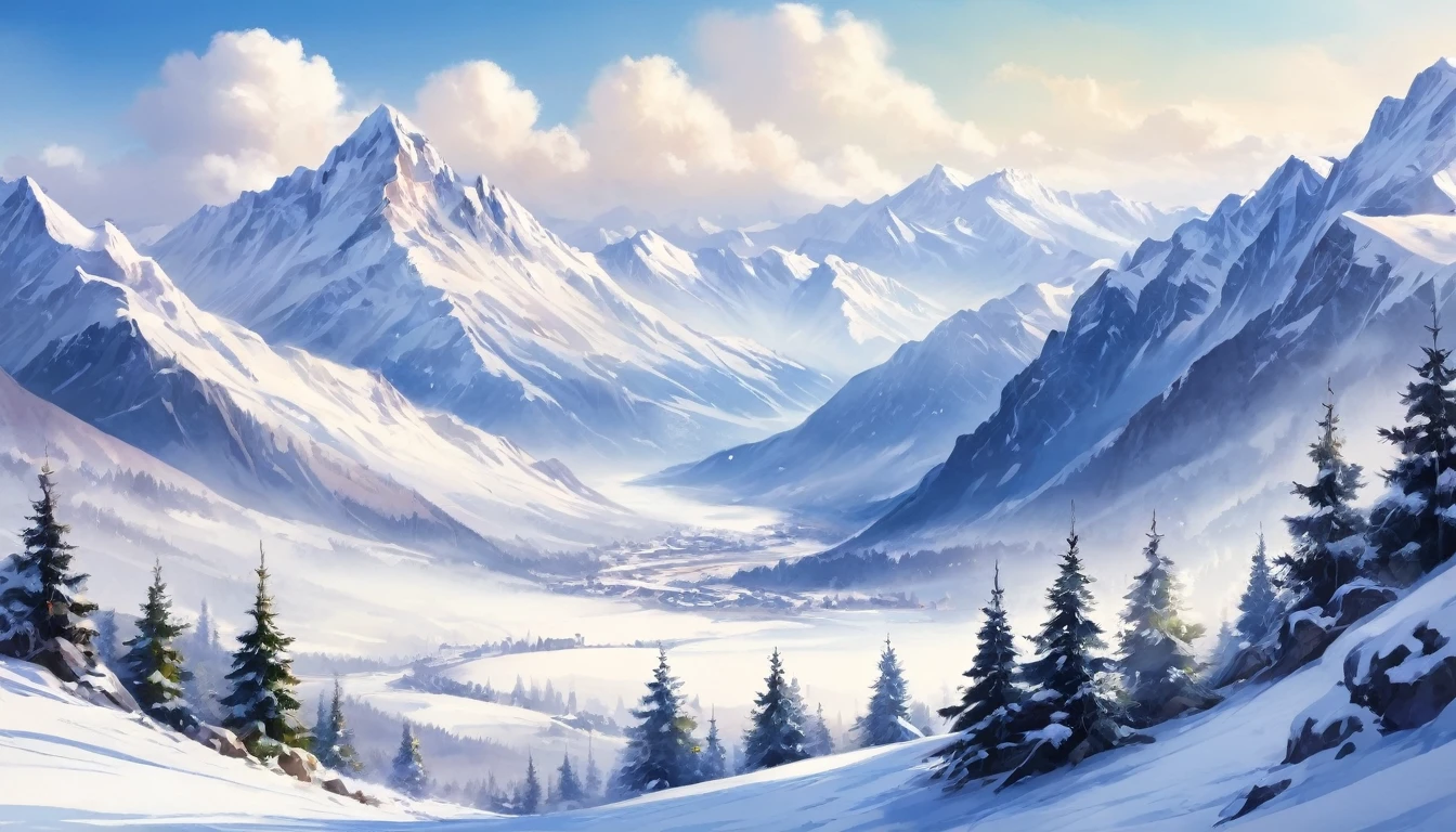 (Watercolor Landscape:1.4), Peaceful winter landscape，Vast snow-capped mountains and valleys. it&#39;s clear, Not a single bird in sight. All roads are covered with snow, No signs of human presence. In the calm, Glacier, There is a  boat. An old man, Dressed in traditional Chinese costumes，Wearing a bamboo hat，Wearing a cloak, Sitting on the boat, Fishing quietly. The scene is quiet and cold, Snowflakes gently fall. The overall atmosphere is calm and contemplative, best quality, masterpiece, very aesthetic, Perfect composition, Intricate details, Extremely detailed