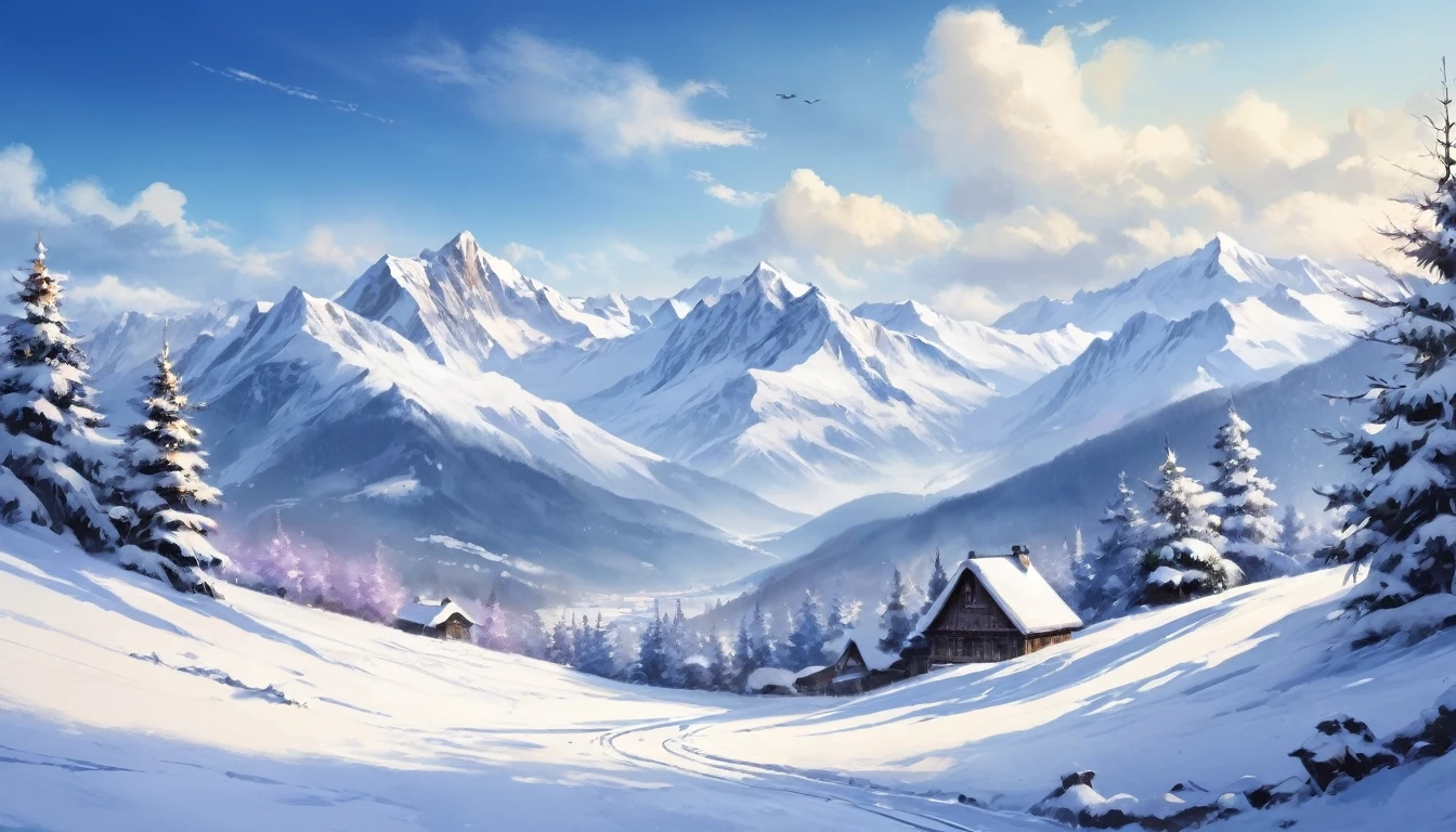 (Watercolor Landscape:1.4), Peaceful winter landscape，Vast snow-capped mountains and valleys. it's clear, Not a single bird in sight. All roads are covered with snow, No signs of human presence. In the calm, Glacier, There is a  boat. An old man, Dressed in traditional Chinese costumes，Wearing a bamboo hat，Wearing a cloak, Sitting on the boat, Fishing quietly. The scene is quiet and cold, Snowflakes gently fall. The overall atmosphere is calm and contemplative, best quality, masterpiece, very aesthetic, Perfect composition, Intricate details, Extremely detailed