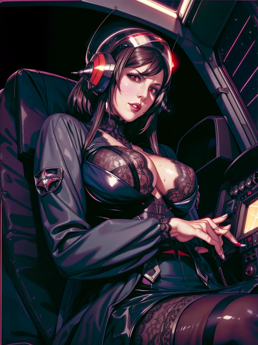 (((gothic vampire piloting) in gothic spacecraft)), (((retro anime))), ((from below)), ((120 fov)), ((((gothic)) control panels)), (((mature))), (((gothic))), (iridescent) bodysuit, ((((lace accessories)))), ((pilot seat)), ((((lying back)) pose)), (((elegant))), (((serious tone))), ((cockpit top control panel)), intricate control panel details, close-up, 1990s (style), masterpiece, ((claustrophobic)), best quality, screens, ((pilot helmet)), night, ((low key light)), (colorful cockpit lights), sparkles, (dramatic lighting), sweat, [blushing], [[pointy ears]], (dark background)