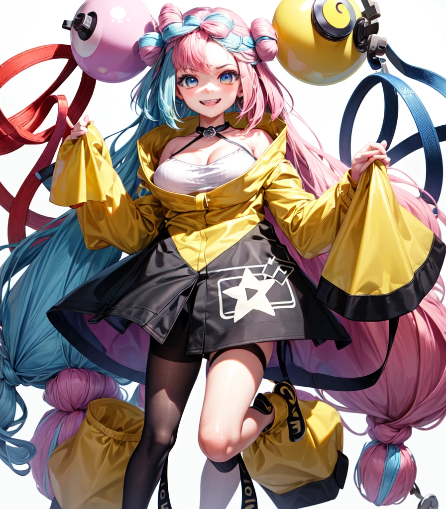(Highest quality, masterpiece, Very detailedな, Very detailed, Exquisite, 16K,Full HD),(White Background:1.5),、Big Breasts,Pink hair and blue eyes、Yellow Jacket、Please raise your right hand、Lower your left hand、Stand only on your right foot、Raise your left leg。smile、Nanjamo,No text