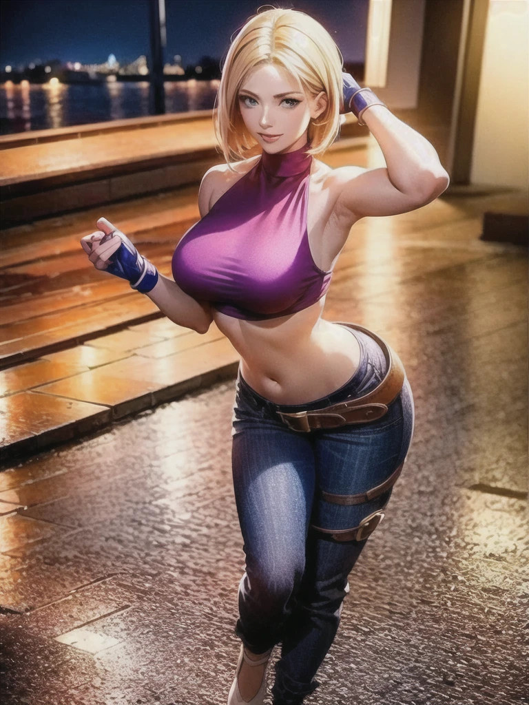 (at night), in a video game scene, a background of a beautiful city at night raining, standing at attention, red top, blue joggers, blue fingerless gloves, large brown belt hanging from her waist ((blonde hair )), 1 girl, alone, 20 years old, young woman, perfect hands, beautiful fingers, beautiful long legs, beautiful body, beautiful nose, beautiful character design, perfect face, looking at the viewer with serious gesture (focusing on her face) , closed mouth, Light_Smile, official art, extremely detailed CG unity 8k wallpaper, perfect lighting, bright and colorful front lighting, glowing skin (masterpiece: 1.0), (best_quality: 1.0), ultra high resolution, 4K, ultra photography detailed, 8K, HDR, high resolution, absurd:1.2, Kodak portra 400, film grain, blurred background, bokeh:1.2, lens flare, (vibrant_color:1.2), professional photography, (Beautiful, breasts: 1.4), ( beautiful_face: 1.5), (narrow waist),